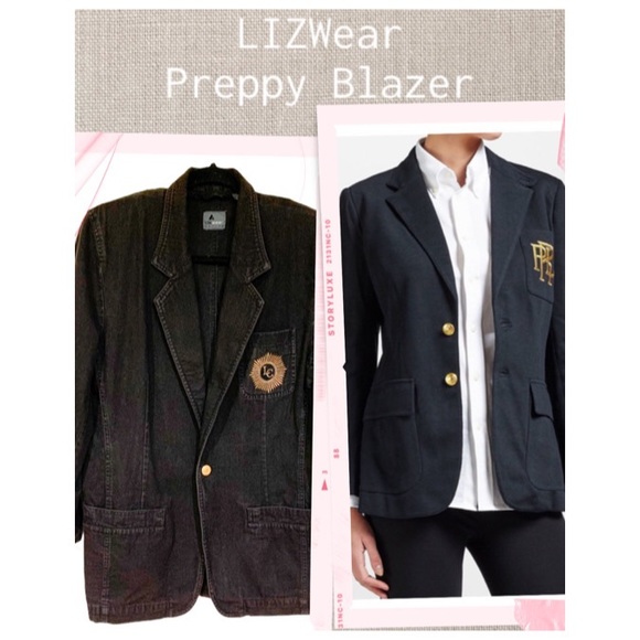 LizWear Blazer Black Vintage Preppy Style 100% Cotton Ivy League Blazer Size 8 - Picture 1 of 12